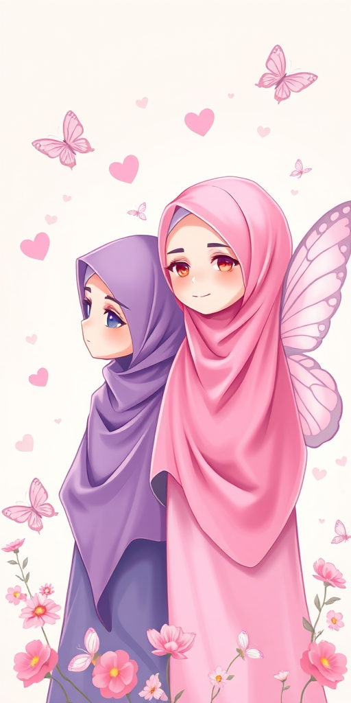 Create an illustration of two girls wearing hijabs, one in purple and one in pink, with butterfly wings, surrounded by hearts and butterflies, using a digital art style, with a focus on pastel colors and smooth lines, captured in a high-resolution format, with a soft focus background to enhance the subjects.
