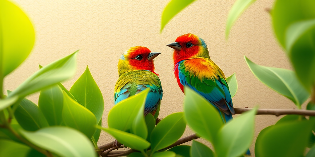 Regenerate a digital illustration of two colorful birds perched among lush green leaves, featuring a textured background, using a Canon EOS R5 with a 50mm lens, aperture f/1.8, ISO 100, and a shallow depth of field to enhance the vibrancy and detail.