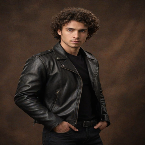 a male model with curly hair wearing a black leather motorcycle jacket, posing against a textured brown background with a serious expression