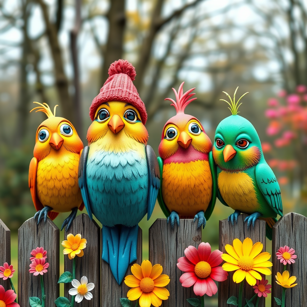 create a scene of 4 quirky  whimsical colourful comical birds each with a funny expression. they are sat on a wooden fence with colourful flowers. they are all different sizes. each one is a different colour  one is wearing a woolly hat. Each one has a different quirky google expression and there is a muted background of trees watercolour paintierly style high definition 8k resolution 3D paper mache