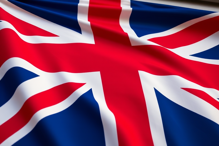 Create a high-resolution image of the Union Jack flag with vibrant colors, shot from a low angle using a DSLR camera with a 50mm lens, aperture f/2.8, ISO 100, and a wide dynamic range to enhance detail and contrast.