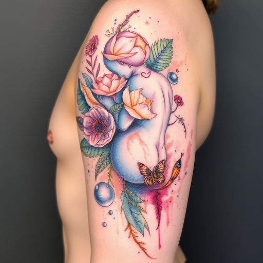 Surrealist watercolor tattoo dubbed "Dreamscape Fusion" blending elements of nature and the human form in a fluid, dreamlike composition, with soft washes of pastel colors melting into each other and morphing recognizable objects into fantastical new creations, perfect for those who appreciate abstract and thought-provoking art