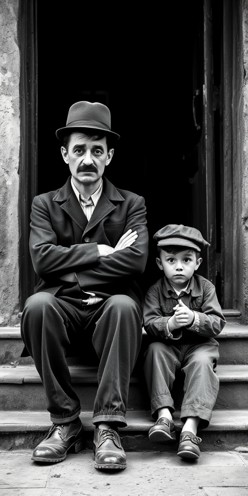 A black-and-white photograph of a man and a child sitting on steps in front of a doorway. The man is dressed as a tramp with a bowler hat, mustache, and ragged clothes, reminiscent of Charlie Chaplin's iconic look. He is sitting with his arms crossed and an expression of slight sadness or frustration. Next to him is a young boy, also in worn clothes and a cap, sitting with his hands clasped, looking thoughtful. The background is an old, textured wall and a partially open door, creating a vintage, early 20th-century atmosphere.