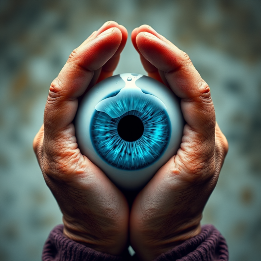 regenerate an image of a large blue eye being grasped by two textured, artistic hands with an abstract background using a DSLR camera, 50mm lens, f/1.8 aperture, ISO 100, 1/200s shutter speed, soft focus background for depth, vibrant color saturation and enhanced contrast