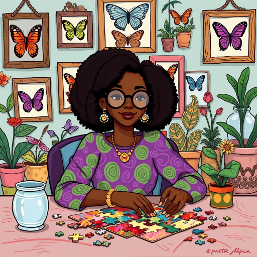 A vibrant and whimsical illustration of an african american woman sitting at a table working on a colorful jigsaw puzzle. she is wearing round glasses, and patterned clothing in shades of purple and green.  The background features an eclectic collection of framed butterflies, potted plants, and other natural elements, creating a warm and inviting atmosphere. The style is playful and modern, with rich textures, intricate details, and a lively color palette.