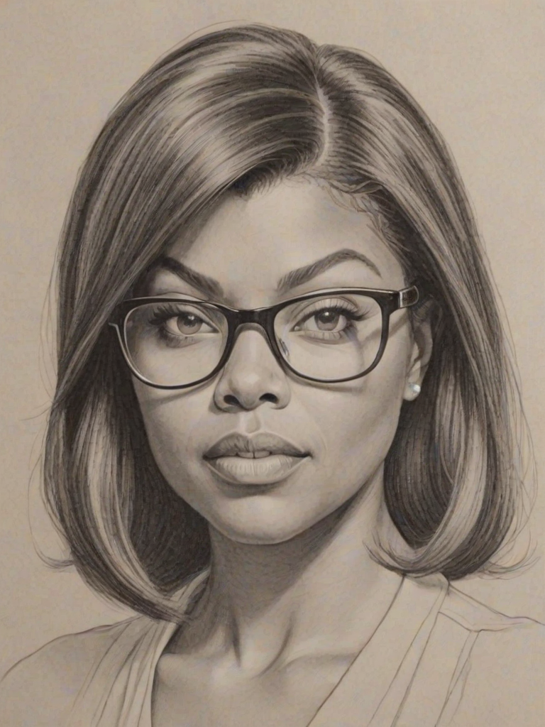 Superb Taraji P. Henson, pencil sketch, portrait of Fetching woman 1962s in glasses, hair style beatnik, outline, clear lines, fine lines, 8k