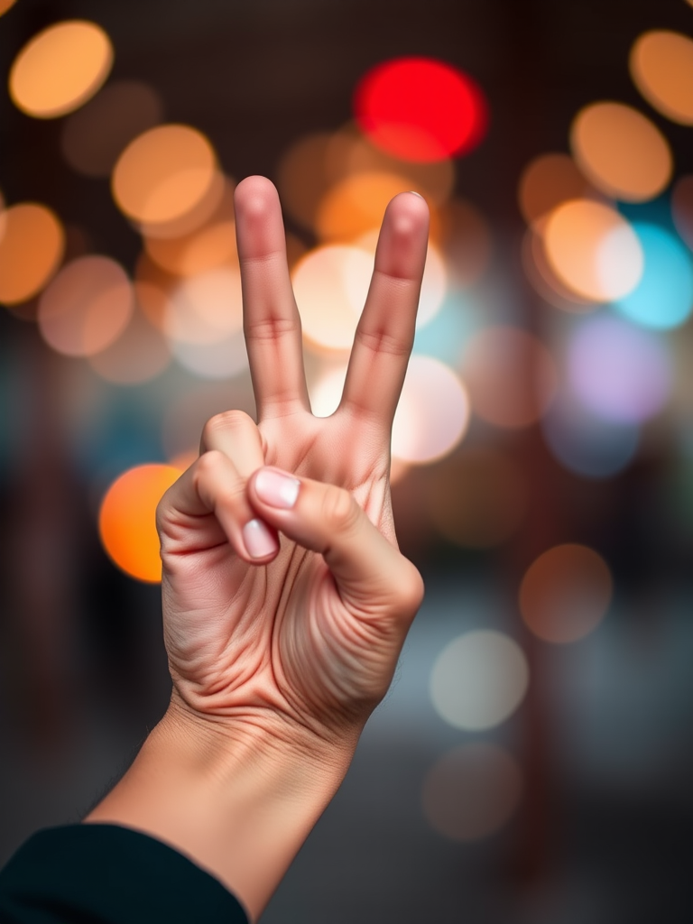 Generate an image of a hand making a peace sign with a shallow depth of field, bokeh background, soft lighting, and vibrant colors, shot with a 50mm lens at f/1.8, ISO 100, shutter speed 1/200s, from a slightly low angle, in a portrait style using a DSLR camera.