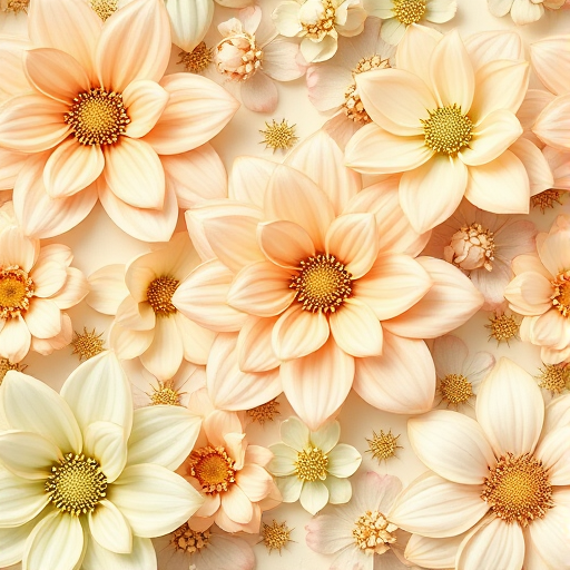 generate a seamless floral pattern with large and small flowers in soft pastel colors of peach, mint green, and beige, emphasize intricate details, shot with a Canon EOS R5, 50mm lens, f/2.8, ISO 100, natural lighting, top-down view, high-resolution for print quality