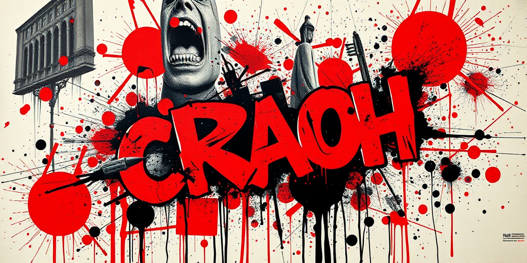 Trash polka tattoo named "Urban Chaos" blending bold red and black elements with photorealistic imagery abstract shapes text and splatters creating a dynamic and edgy composition reminiscent of street art