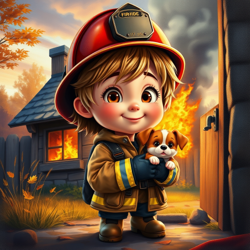 airbrushed oil painting, pixar style, cute little girl in fireman gear, helmet, tousled hair, expressive eyes, standing in the doorstep of a cottage burning behind him, holding a cute little dog in her arm, atumn sky