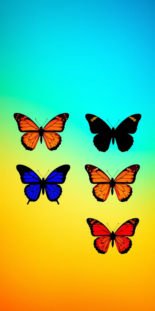 Create an image of four stylized butterfly silhouettes in contrasting colors arranged in a grid, shot with a Canon EOS R5, using a 50mm lens, aperture set to f/2.8, ISO 100, in a well-lit studio setting for enhanced clarity and vibrancy.