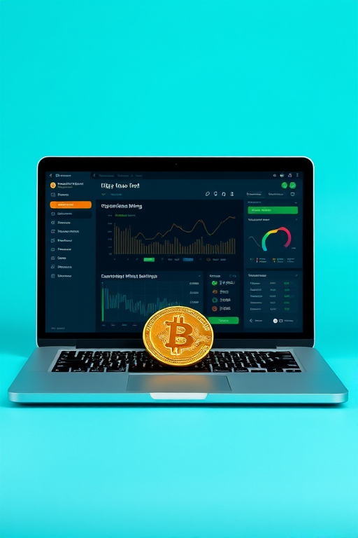 Create a high-resolution digital illustration of a laptop screen displaying a Bitcoin mining tool and a Bitcoin coin, using a vibrant turquoise background, shot from a straight-on angle with a Canon EOS 5D Mark IV, f/8 aperture, ISO 100, and 50mm lens for clarity and detail.