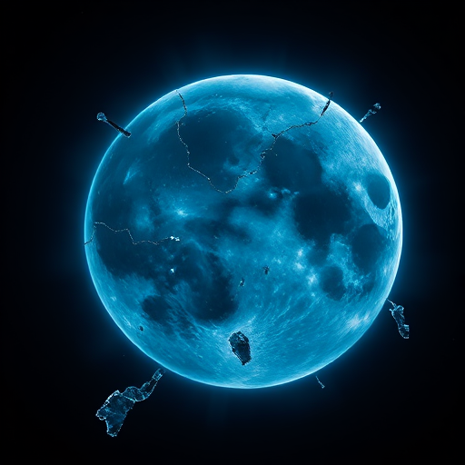 Regenerate a high-resolution image of a shattered blue moon in space, using a DSLR camera with a 50mm lens, aperture f/1.8, ISO 100, shutter speed 1/200s, shot from a low-angle perspective to emphasize depth and detail.