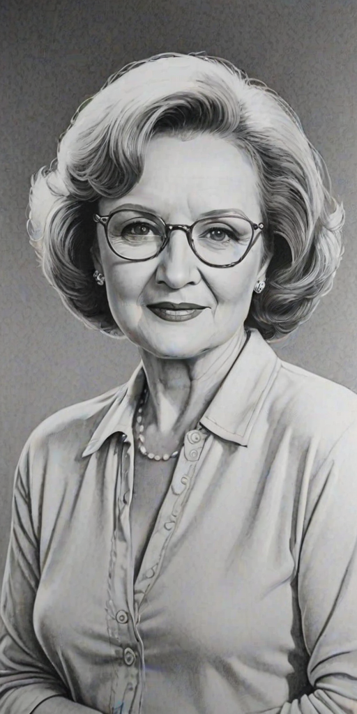 Charming Betty White, pencil sketch, portrait of Stunning woman 1973s in glasses, hair style beatnik, outline, clear lines, fine lines, 8k