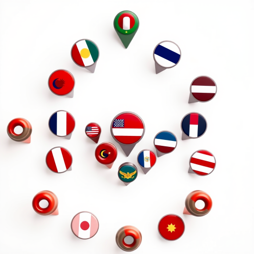 Create an image of round location pins with various country flags displayed in the center, featuring a clean white background, using a high-resolution setting of 300 DPI, captured from a top-down view with a DSLR camera, aperture set to f/8 for sharpness, and a wide-angle lens to capture all details effectively.