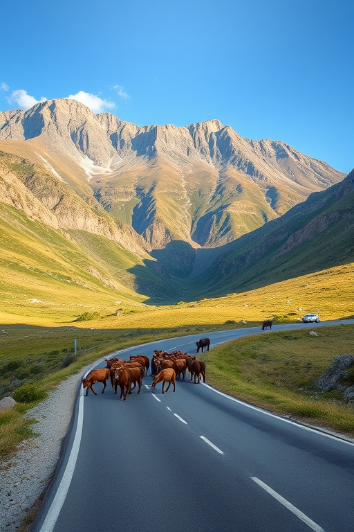 A scenic mountain landscape with a herd of animals grazing and crossing a winding road, captured with a Canon EOS R5, 24-70mm lens at f/8, ISO 100, 1/250 sec, wide-angle view, natural lighting for enhanced detail and clarity.