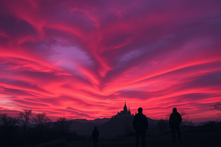 Generate a fantasy landscape featuring a dramatic sky with swirling clouds in shades of purple and red, a distant castle silhouetted against the vibrant backdrop, with a foreground of silhouetted figures gazing at the scene, using a Canon EOS R5 with a 24-70mm f/2.8 lens, aperture f/8, ISO 100, and a wide-angle perspective to capture the expansive view.