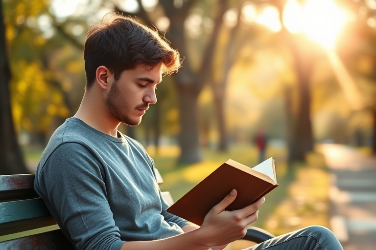 Young man reading a book on a park bench with sunlight filtering through trees, shallow depth of field, golden hour lighting, DSLR camera, aperture f/2.8, ISO 100, 50mm lens, soft bokeh effect.