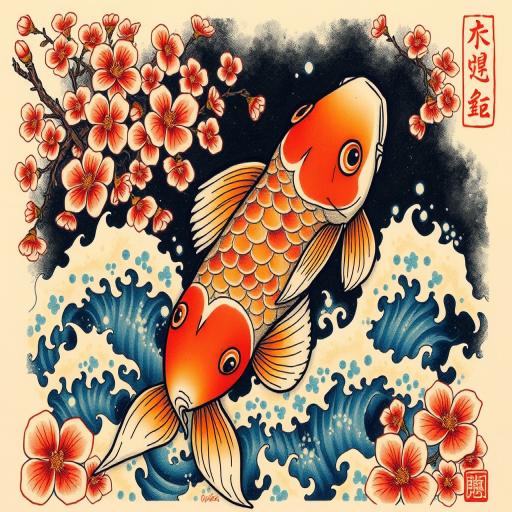 Japanese-inspired irezumi tattoo dubbed "Koi's Ascent" featuring a large, colorful koi fish swimming upstream through cherry blossoms and turbulent waves