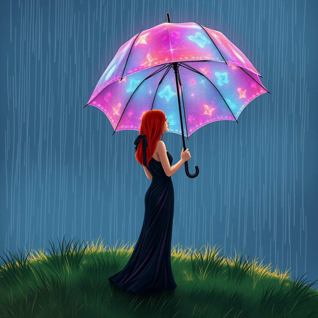 A surreal hand-drawn digital artwork depicting a mysterious red-haired woman standing on a grassy hill under the rain. She holds an umbrella crafted from iridescent zircon, its vibrant sheen contrasting with the soft, rainy atmosphere. The scene feels dreamlike, blending the natural elements of the hill and rain with the otherworldly shimmer of the umbrella.