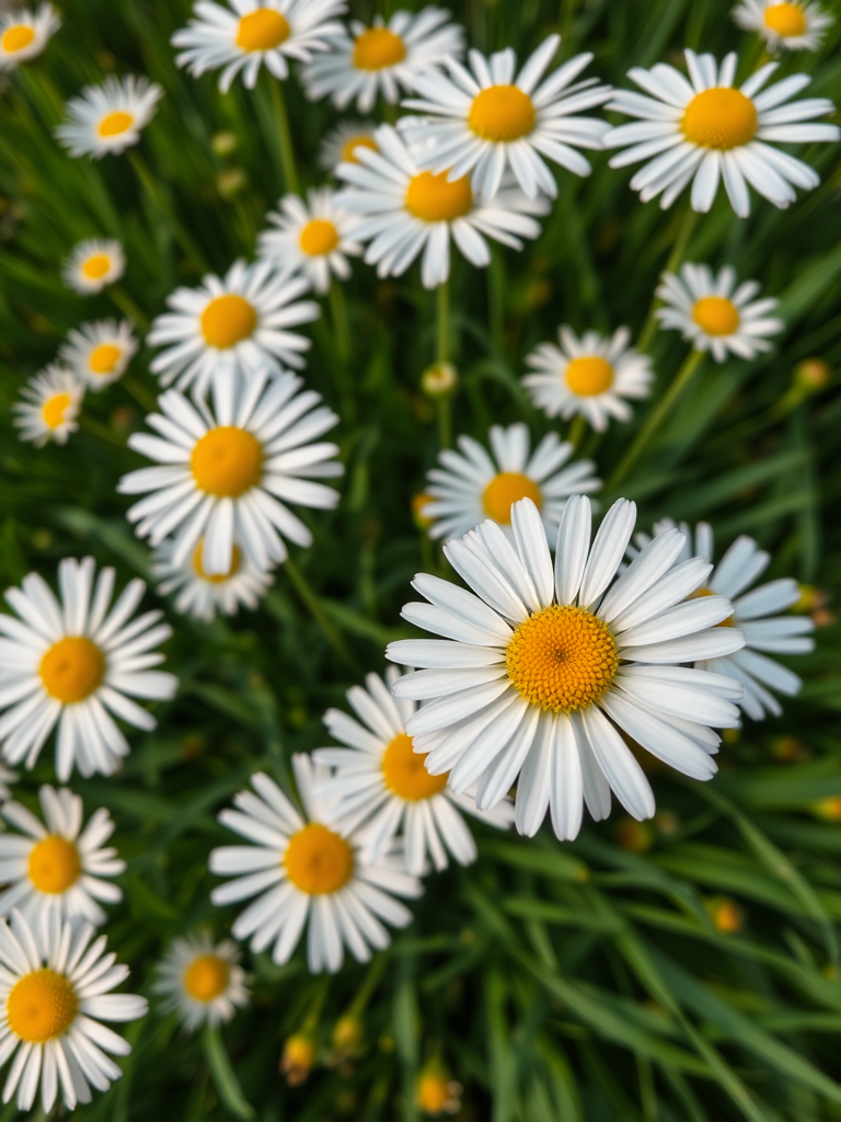 Close-up of white daisies with yellow centers in a lush green field, taken with a DSLR camera at f/2.8 aperture, 1/250s shutter speed, ISO 100, top-down view, natural light, high-resolution.