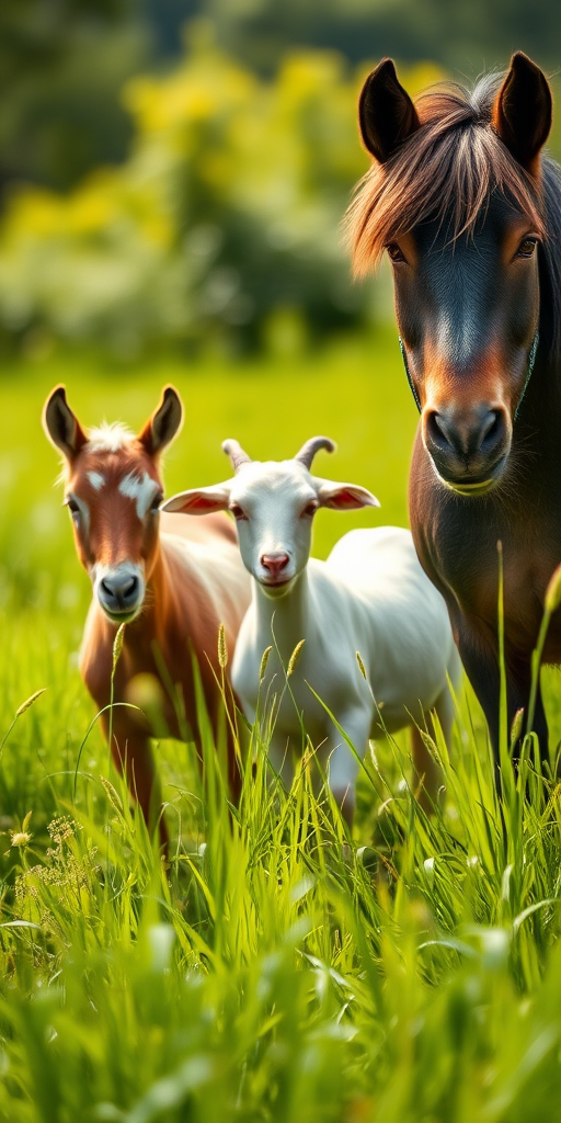 A clear image of a pony and two goats in a lush green setting with tall grass, shot with a DSLR camera at f/5.6 aperture, ISO 200, 1/400 sec shutter speed, in natural daylight, with a slight bokeh effect to enhance focus on the animals.