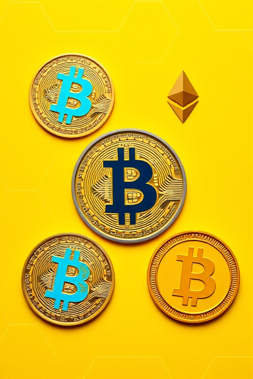 Create a vibrant digital illustration featuring Bitcoin, Ethereum, and Litecoin symbols on a bright yellow background, with hexagonal patterns subtly integrated, captured with a Canon EOS 5D Mark IV, 50mm lens, f/2.8 aperture, ISO 100, in a crisp, high-resolution style.