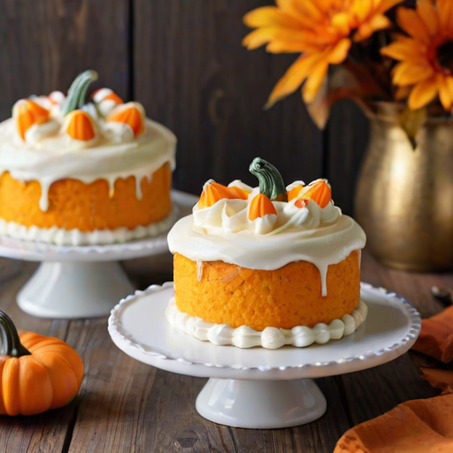 Generate an image of two small tiered cakes on white cake stands. One cake is orange with cream frosting and topped with a small pumpkin decoration. The other cake is yellow with white frosting, also topped with a small pumpkin. Surround the cakes with scattered candy pumpkins on a wooden table background.