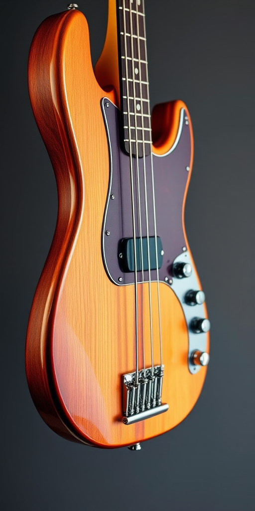 Create a high-resolution vector illustration of a Fender Jazz Bass guitar, capturing detailed wood grain texture on the body, distinct chrome hardware reflections, and vibrant color gradients, using a 50mm lens, f/2.8 aperture, and soft studio lighting with a focus on clarity and depth.