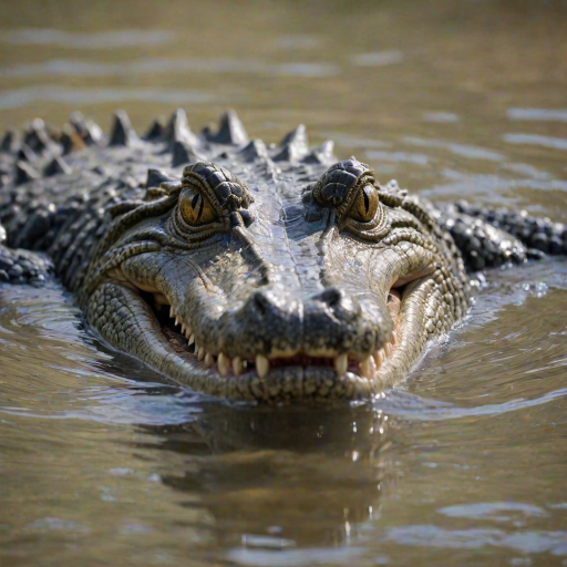 a close-up of a crocodile's head partially submerged in water, showcasing its textured skin and piercing eyes, with a blurred natural background