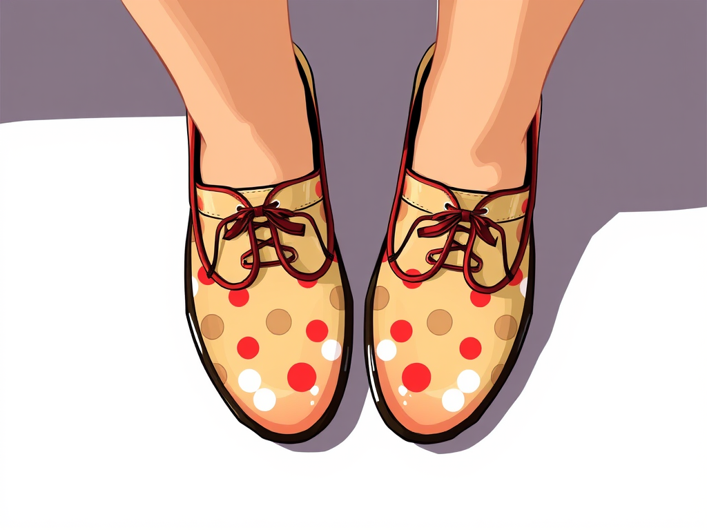 Create a detailed illustration of a pair of stylish polka dot shoes, captured with a 50mm lens at f/2.8, using a top-down view with soft natural lighting, in a high-resolution digital format.