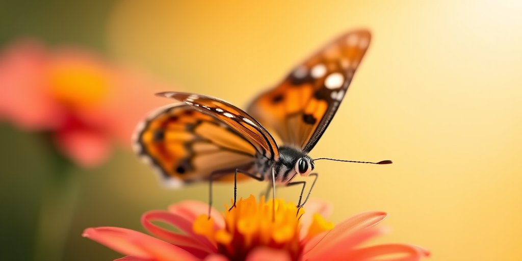 Capture a close-up image of a butterfly perched on a flower with a shallow depth of field, using a DSLR camera, 85mm lens, f/2.8 aperture, ISO 200, and a soft-focus background for enhanced clarity and detail.