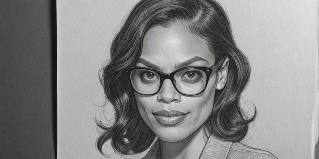 Ravishing Rosario Dawson, pencil sketch, portrait of Dazzling woman 1936s in glasses, hair style beatnik, outline, clear lines, fine lines, 8k
