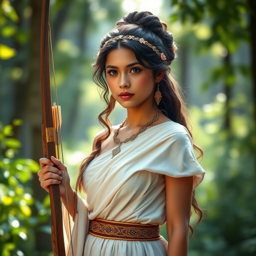 Create a portrait of a goddess-like Aymara girl figure in a tranquil, forested environment. She has an elegant appearance with long, wavy hair styled in an updo and adorned with a delicate, floral headband. She wears a flowing, ancient Greek-inspired gown in a soft, pale color, featuring a one-shoulder design and draped fabric that accentuates her graceful form. The outfit includes a decorative belt with ornate gold detailing, and she holds a bow in her hand, with a quiver of arrows slung over her shoulder. The background depicts lush greenery, with sunlight filtering through the trees, casting a gentle, ethereal light on the scene. Her expression is calm and contemplative, embodying a sense of wisdom and serenity.