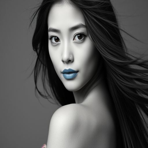 Photographic image of a beautiful young Ryukyuan woman, brown eyes, lips with cyan lipstick, long hair fluttering in the wind and wearing a silk strapless dress with a soft purple and orange print. monochrome image with only color highlights in the iris of the eyes, lipstick and dress. Gray background.
