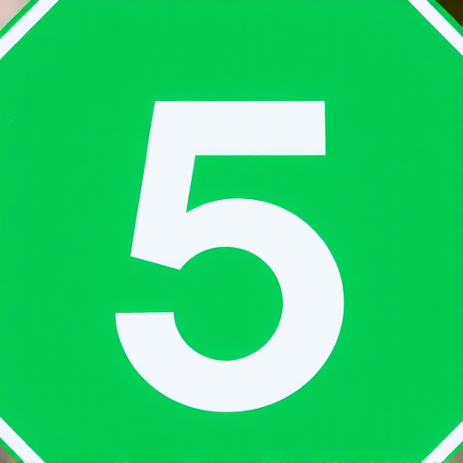 Create a high-resolution image of a green circular traffic sign with a large white number 5 in the center, shot with a DSLR camera at f/2.8 aperture, ISO 100, 50mm lens, from a slight angle view to enhance depth and detail.