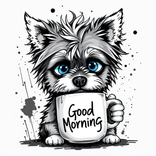 A quirky, artistic illustration of a disheveled chinaranian dog breed with exaggerated, large eyes and spiky fur, holding a coffee mug that reads "Good Morning". The dog has a tired but humorous expression, with ink splatters and abstract details surrounding it, giving a whimsical feel to the image. The color palette is mostly monochrome with hints of blue in the eyes and steam rising from the mug, enhancing the overall sleepy vibe