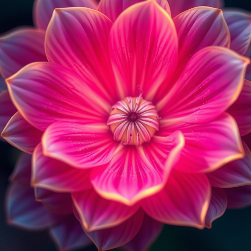 Create a vibrant, intricate digital flower with glowing edges and soft, ethereal details, using a high-resolution setting with a shallow depth of field, shot from a top-down view with a macro lens on a DSLR camera, aperture set to f/2.8, ISO 100, and a focus on enhancing luminescence and texture.