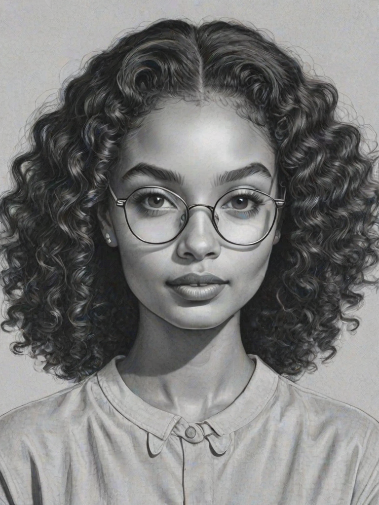 Stunning Yara Shahidi, pencil sketch, portrait of Elegant woman 1952s in glasses, hair style beatnik, outline, clear lines, fine lines, 8k