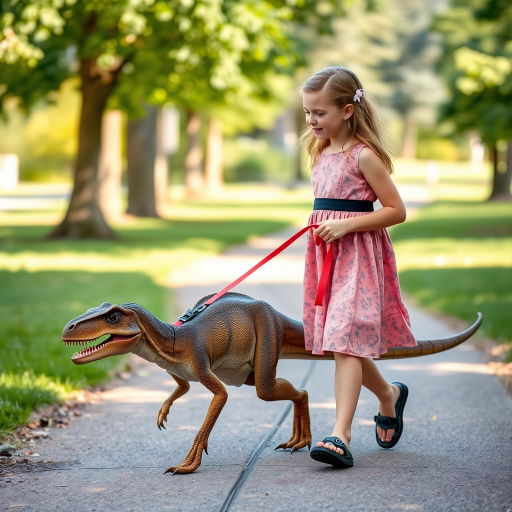 12 year old girl in a dress walking her pet Velociraptor on a leash through a park
