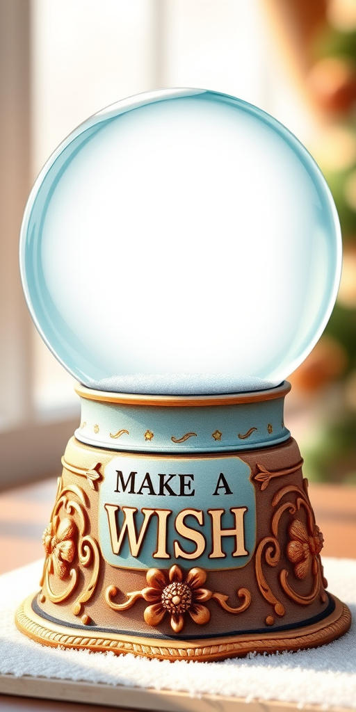 Create a detailed illustration of a wish-making snow globe with a large blank sphere at the top, an ornate base with decorative elements and the words "MAKE A WISH" in bold, centered text, captured with a DSLR camera at f/2.8, ISO 100, and a 50mm lens from a frontal view, using soft natural lighting for an inviting appearance.
