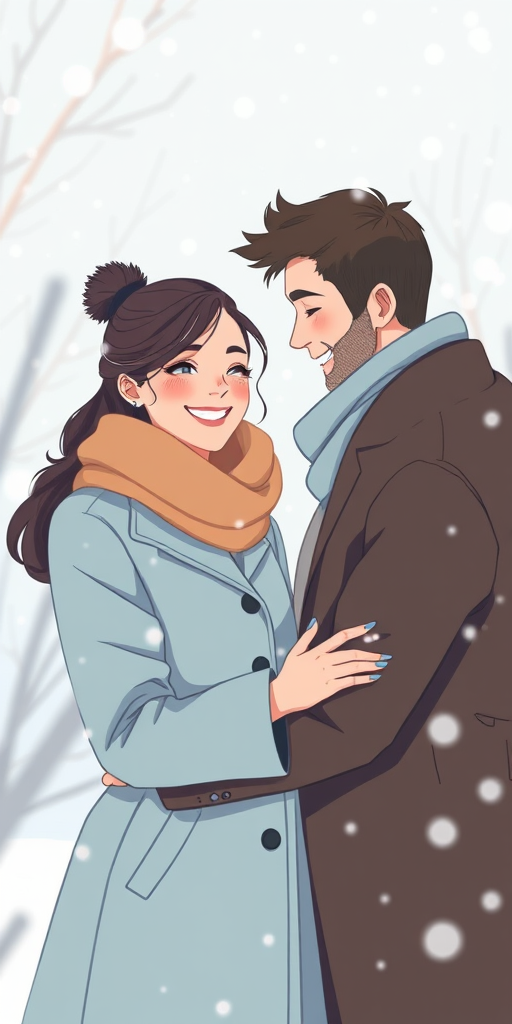 Create an illustration of a couple embracing in a snowy setting, featuring a smiling woman in a light blue coat and a man in a dark coat, both wearing scarves; use a Canon EOS R5 with a 50mm f/1.2 lens, aperture set to f/2.8, capturing a soft focus background for depth, in a bright, pastel color palette.