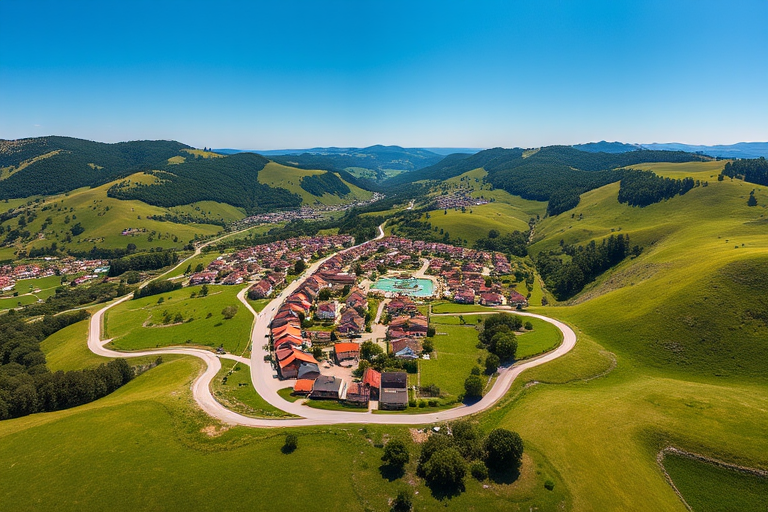 A vibrant aerial view of a quaint village nestled in rolling green hills, with picturesque houses and winding roads under a clear blue sky, captured with a DSLR camera at f/8, ISO 100, 1/250 sec, wide-angle lens.