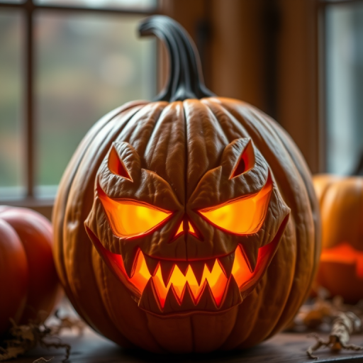 Create a highly detailed image of a carved pumpkin with a menacing face, glowing yellow eyes and jagged teeth, photographed with a Canon EOS R5, 50mm lens, f/1.8 aperture, ISO 100, natural window lighting, soft focus background.