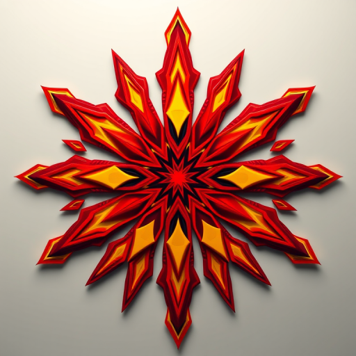 Create a high-resolution pixel art image of a bold and vibrant symmetrical design featuring fiery red and bright yellow colors, captured with a DSLR camera at f/2.8 aperture, ISO 100, 50mm lens, with a top-down view and soft diffused lighting to enhance detail and contrast.