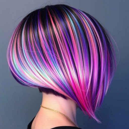 Mesmerizing holographic hair shifting colors with every movement, styled in a sleek bob cut, creating a futuristic illusion, named "Spectrum Shift"