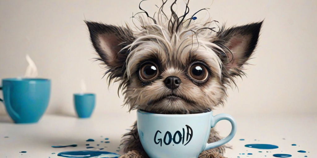 A quirky, artistic illustration of a disheveled peekapoo dog breed with exaggerated, large eyes and spiky fur, holding a coffee mug that reads "Good Morning". The dog has a tired but humorous expression, with ink splatters and abstract details surrounding it, giving a whimsical feel to the image. The color palette is mostly monochrome with hints of blue in the eyes and steam rising from the mug, enhancing the overall sleepy vibe