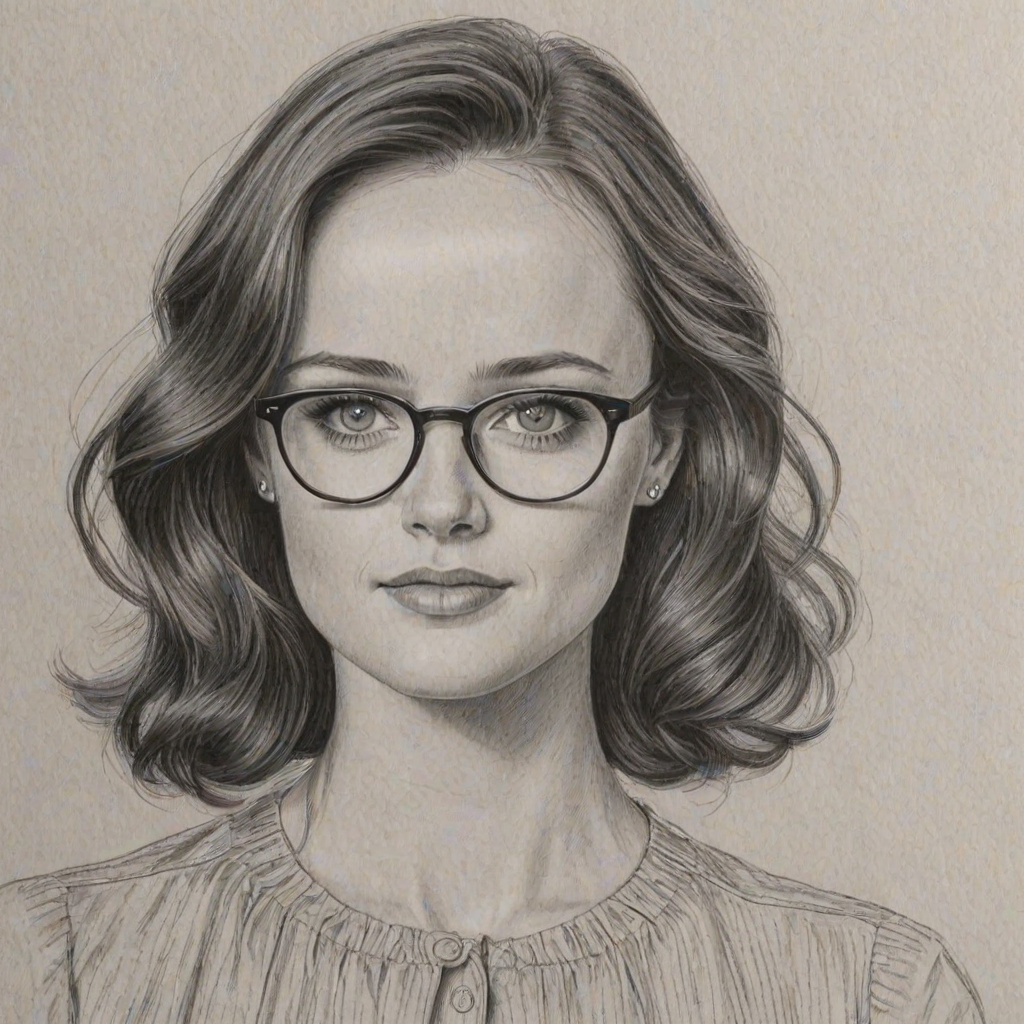 Enchanting Alexis Bledel, pencil sketch, portrait of Exquisite woman 1945s in glasses, hair style beatnik, outline, clear lines, fine lines, 8k