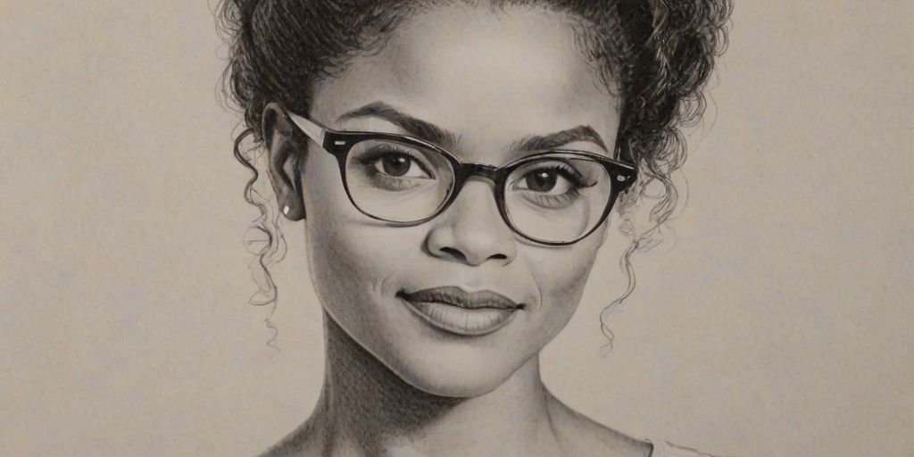 Superb Kimberly Elise, pencil sketch, portrait of Ravishing woman 1954s in glasses, hair style beatnik, outline, clear lines, fine lines, 8k