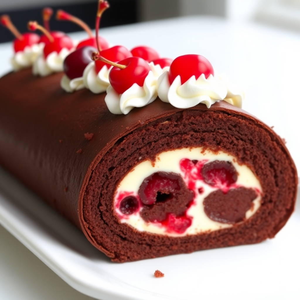 A chocolate rolled cake with a rich chocolate exterior, filled with cream and cherries, topped with whipped cream and whole cherries along the top, displayed on a white plate, with a slice cut out showing the inner filling.